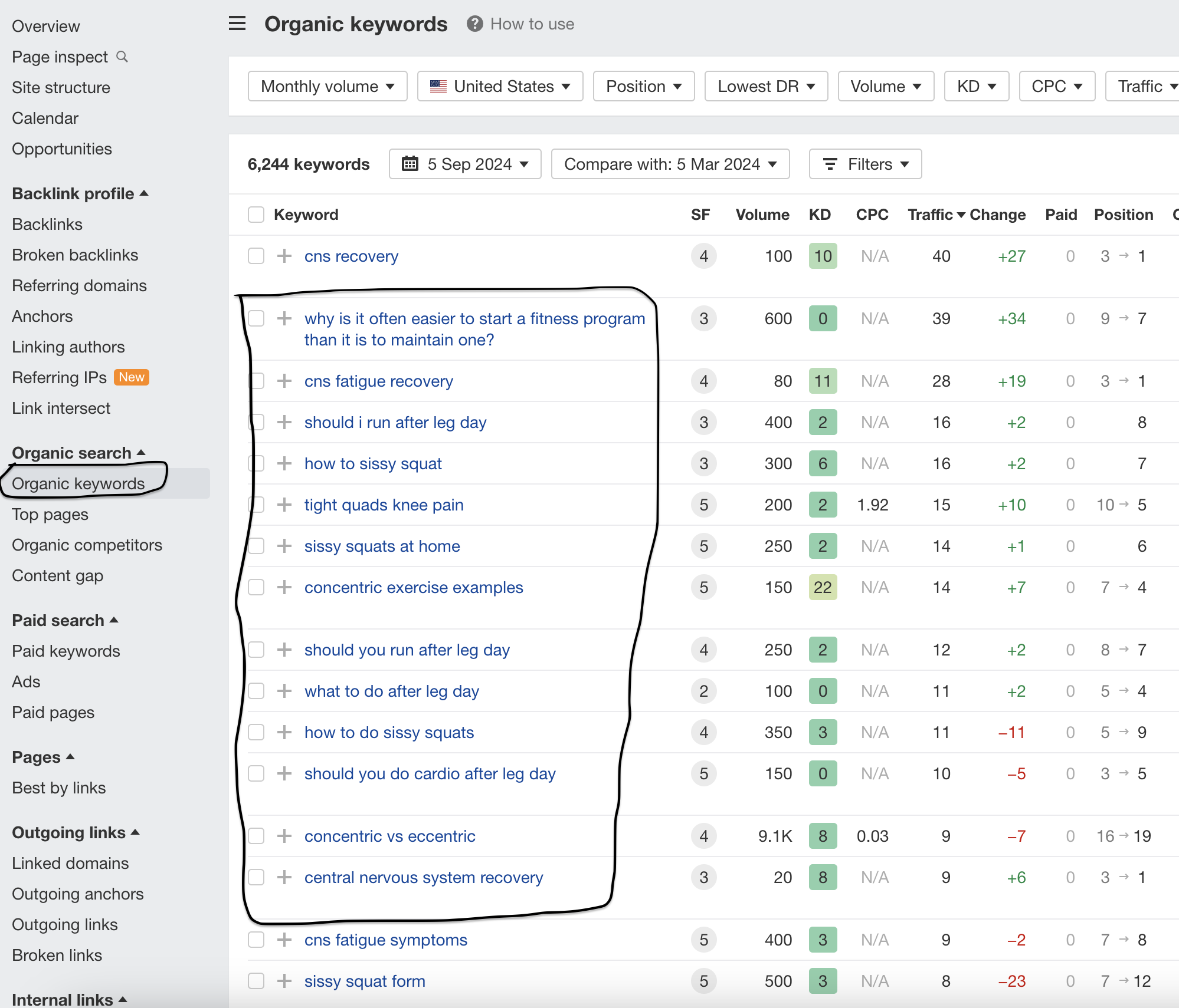 Ahref stats showing relevant organic keywords